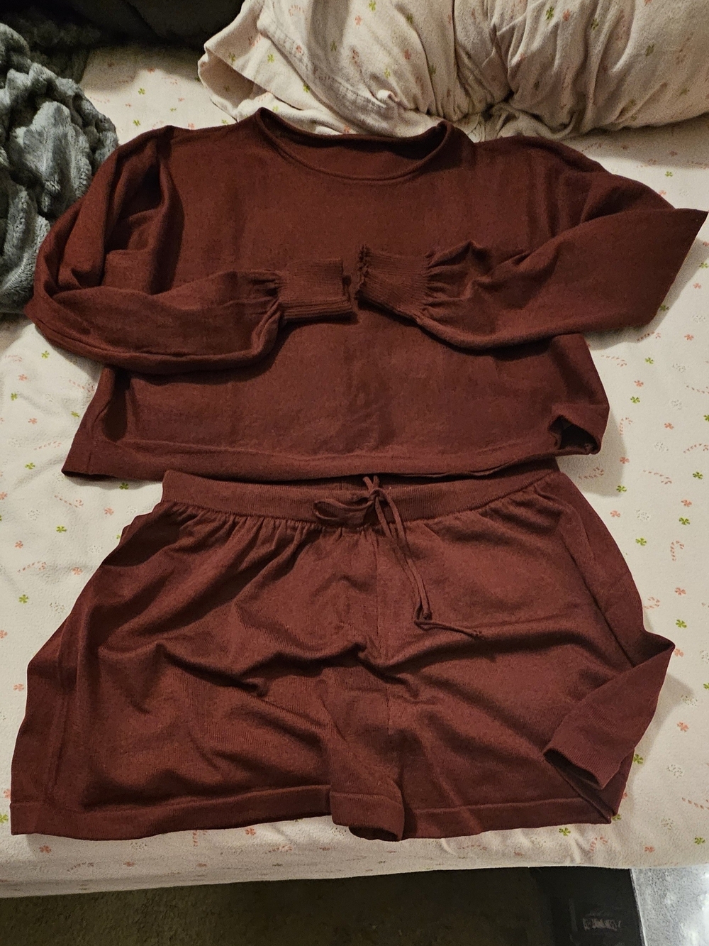 Women's Cozy Maroon Lounge Pajama Set - Long Sleeve Top & Shorts NWOT